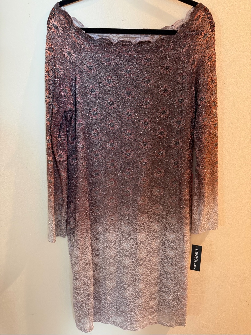 NWT Onyx Nite Women’s 14P Brown Black Floral Lace Scoop Neck Sheath Knee Lined
